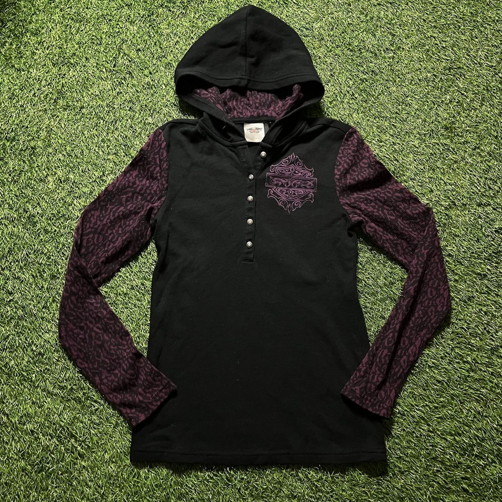 Womens Y2K Harley Davidson Purple and Black Hooded Long Sleeve Shirt